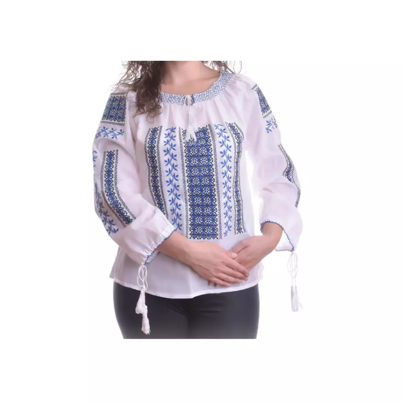 Bluza Tip Ie Alba cu Motiv Geometric Albastru - BMG55