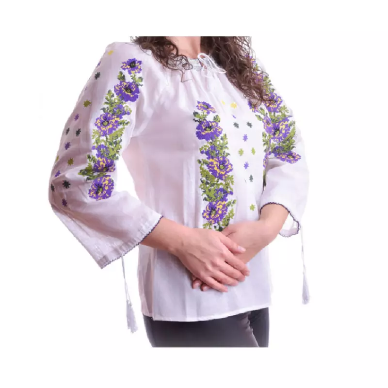Bluza Tip Ie Alba cu Motiv Floral Mov - BMG52