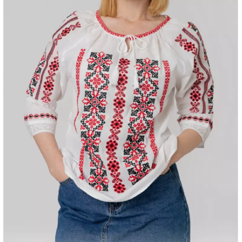 Bluza Tip Ie Traditionala Alba cu Motiv Geometric Rosu de Dama - IMS38