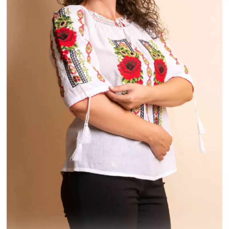 Bluza Tip Ie Traditionala Alba cu Motiv Floral Rosu de Dama - IMS56