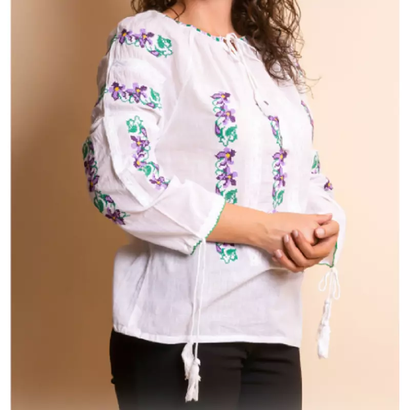 Bluza Tip Ie Alba cu Motiv Floral Mov - BMG76