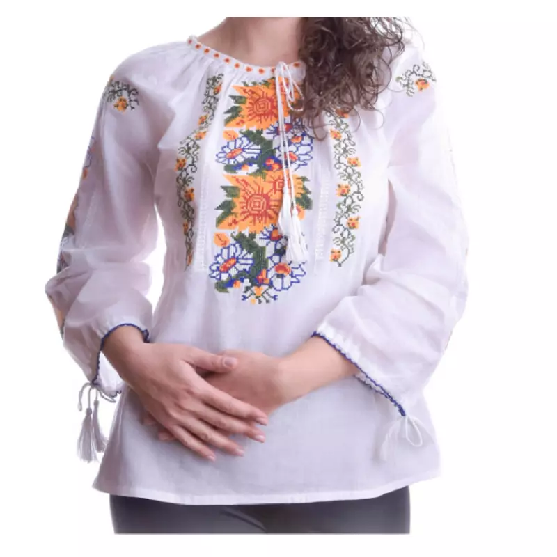 Bluza Tip Ie Alba cu Motiv Floral Galben - BMG56