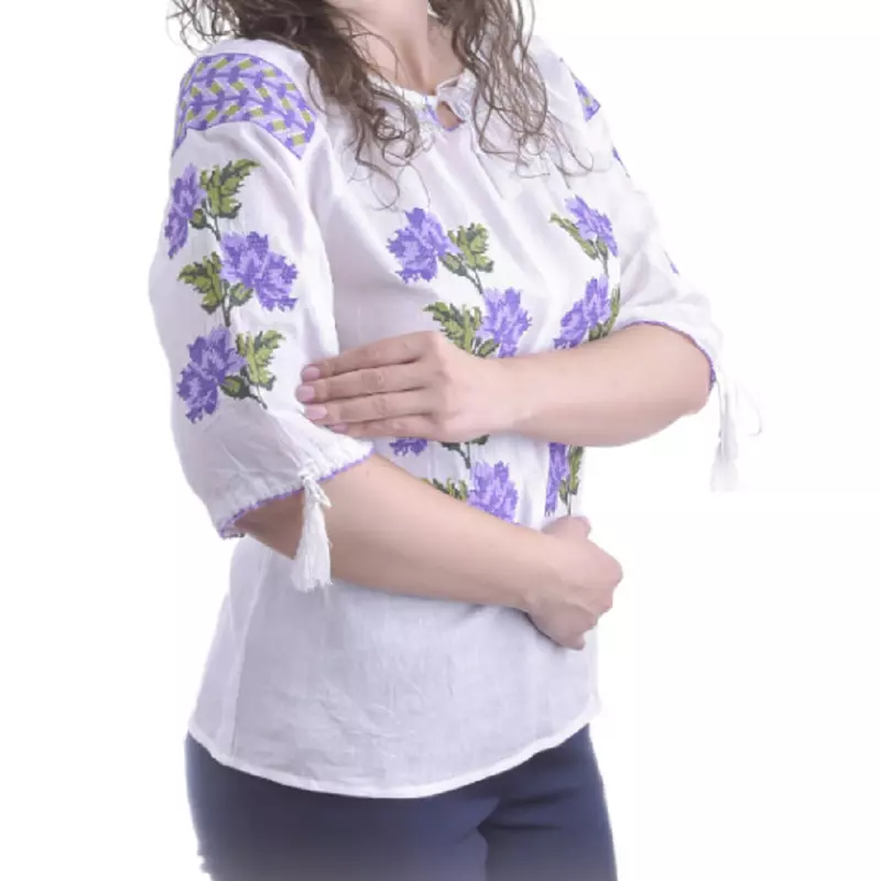 Bluza Tip Ie Traditionala Alba cu Motiv Floral Mov de Dama - IMS51