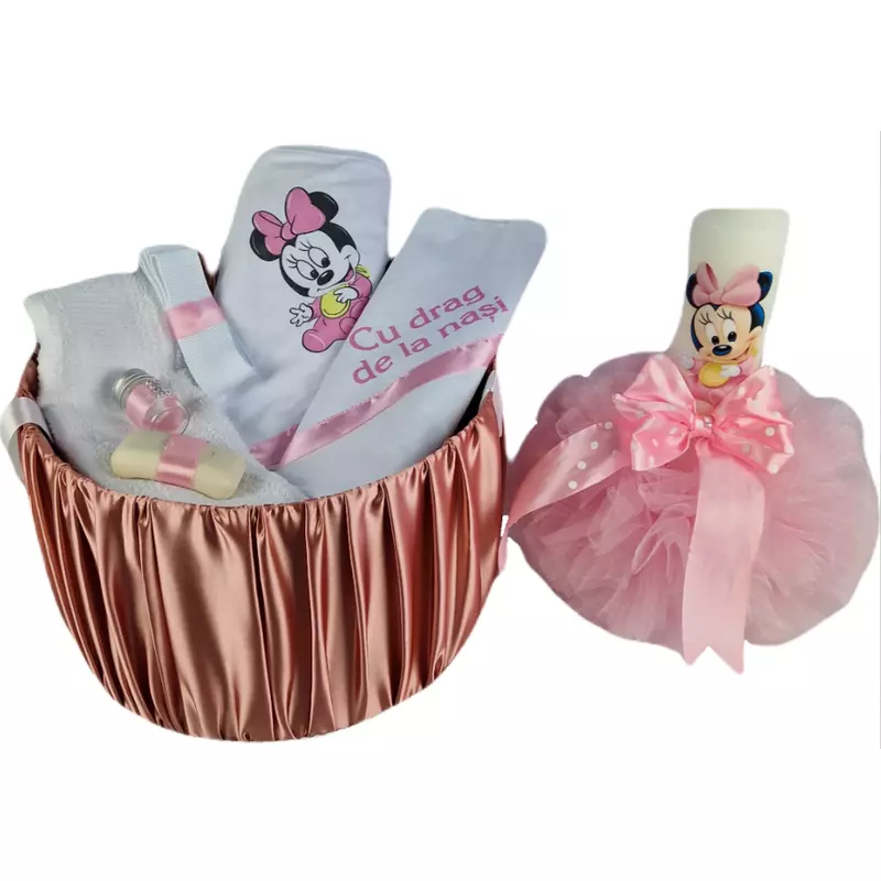 Trusou botez, 10 piese brodate, Model Minnie, Roz-  BT30