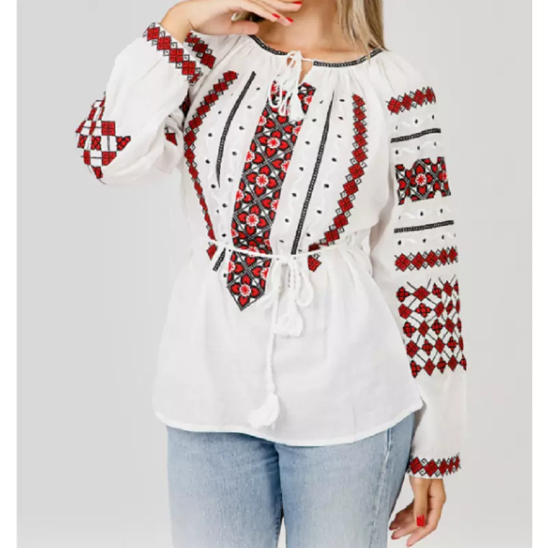 Bluza Tip Ie Alba cu Motiv Geometric Rosu - BMG79