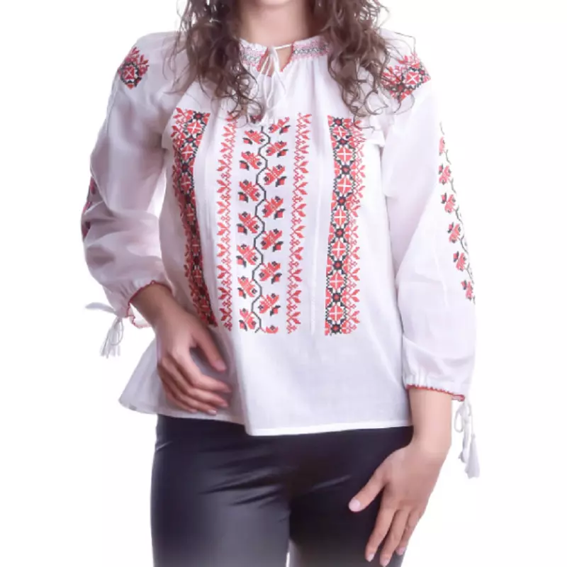 Bluza Tip Ie Alba cu Motiv Geometric Rosu - BMG64