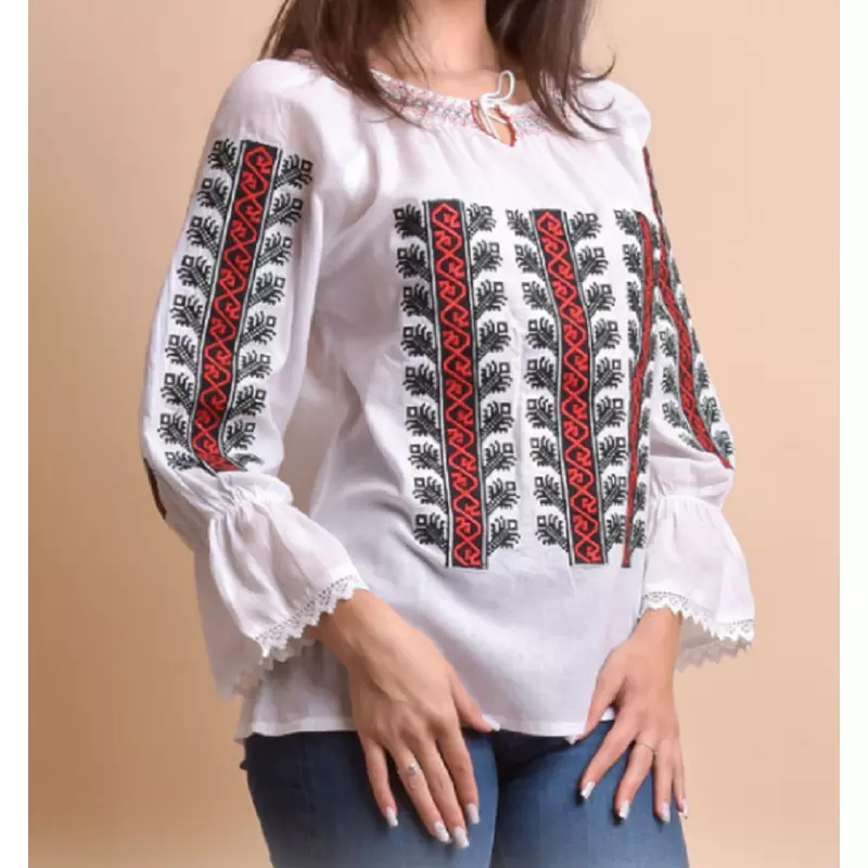 Bluza Tip Ie Alba cu Motiv Geometric Rosu - BMG75