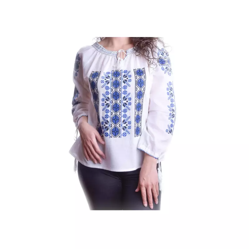 Bluza Tip Ie Alba cu Motiv Geometric Albastru - BMG63