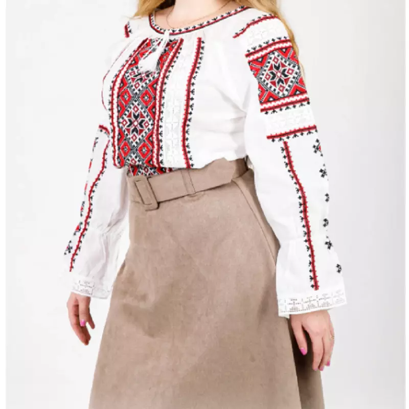 Bluza Tip Ie Alba cu Motiv Geometric Rosu - BMG85