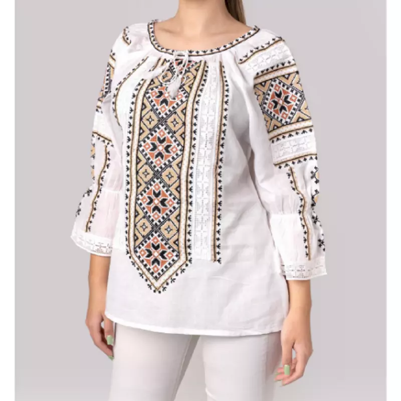 Bluza Tip Ie Traditionala Alba cu Motiv Geometric Crem de Dama - IMS35