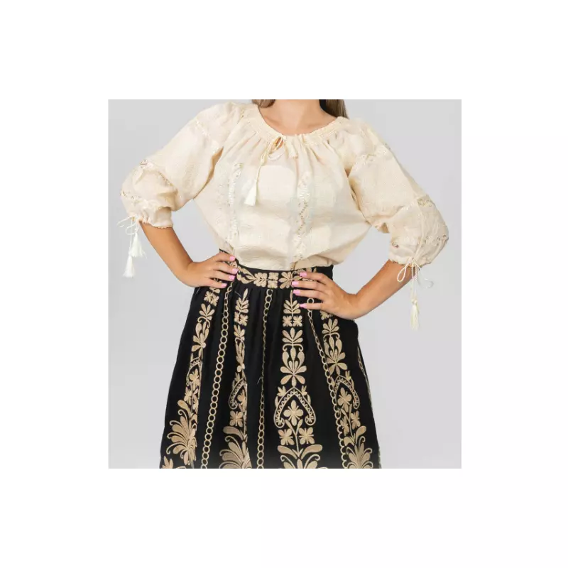 Bluza Tip Ie Traditionala Crem cu Motiv Geometric de Dama - IMS41