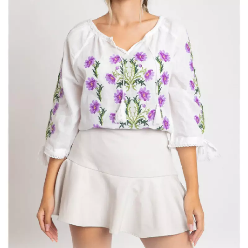 Bluza Tip Ie Traditionala Alba cu Motiv Floral Mov de Dama - IMS49