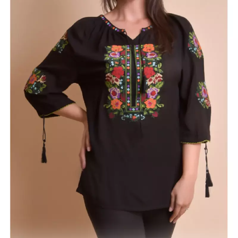 Bluza Tip Ie Traditionala Neagra cu Motiv Floral Multicolor de Dama - IMS53