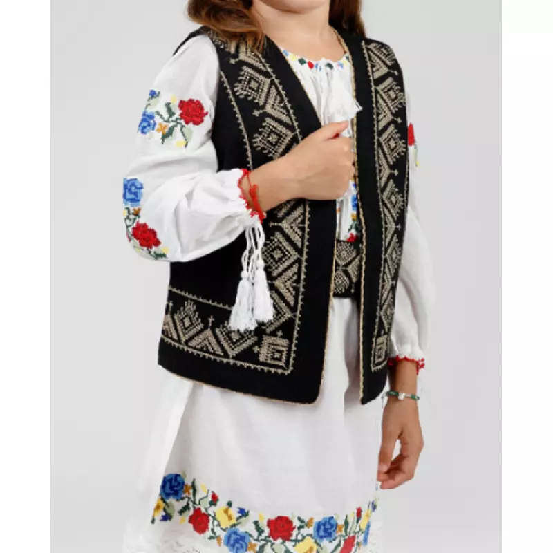 Vesta traditionala neagra pentru fetite cu broderie geometrica creme - VTF04