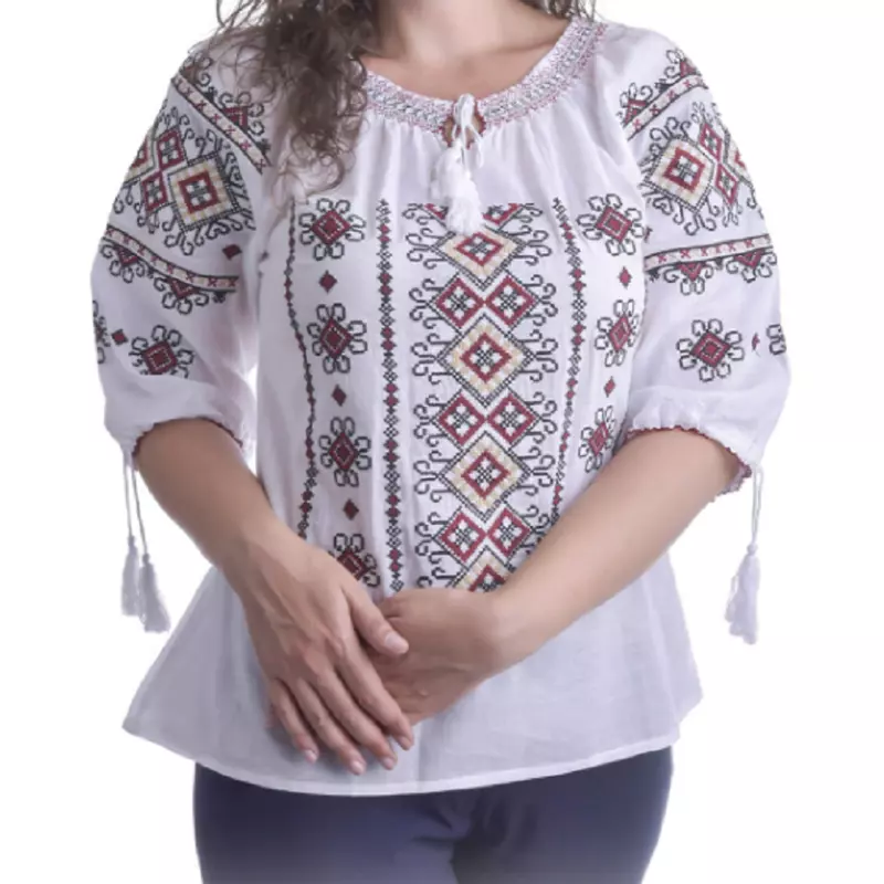 Bluza Tip Ie Traditionala Alba cu Motiv Geometric Multicolor de Dama - IMS34