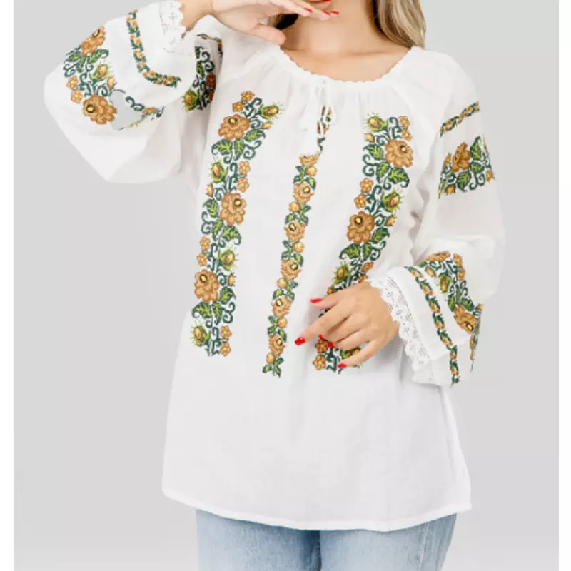 Bluza Tip Ie Alba cu Motiv Floral Crem - BMG80