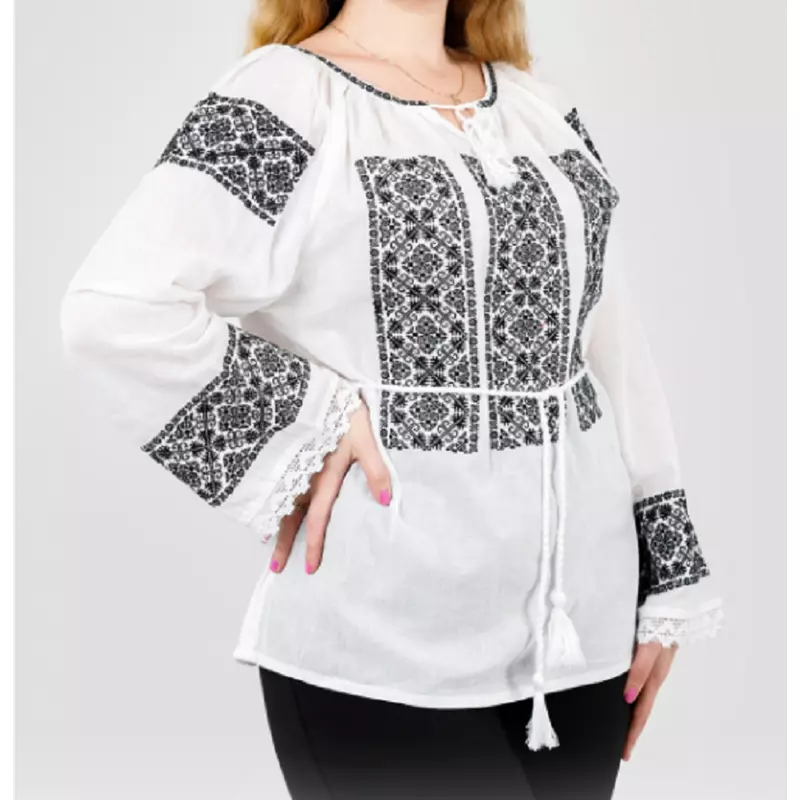 Bluza Tip Ie Alba cu Motiv Geometric Negru - BMG84