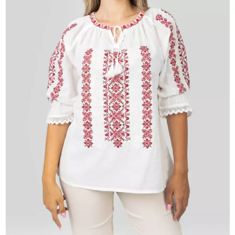 Bluza Tip Ie Traditionala Alba cu Motiv Floral Rosu de Dama- IMS32