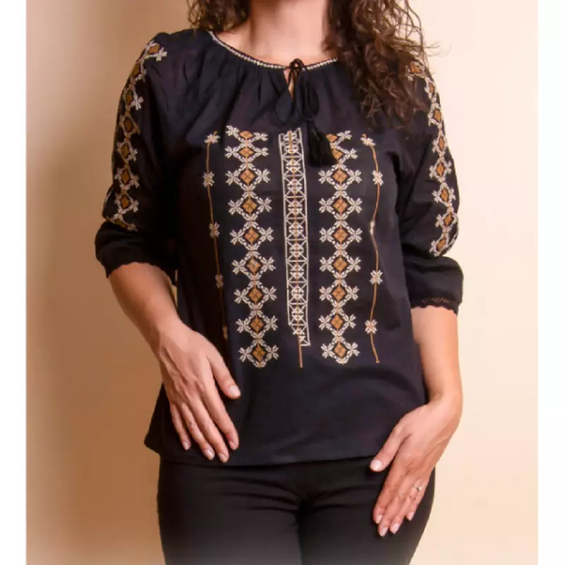 Bluza Tip Ie Traditionala Neagra cu Motiv Geometric Crem de Dama - IMS55