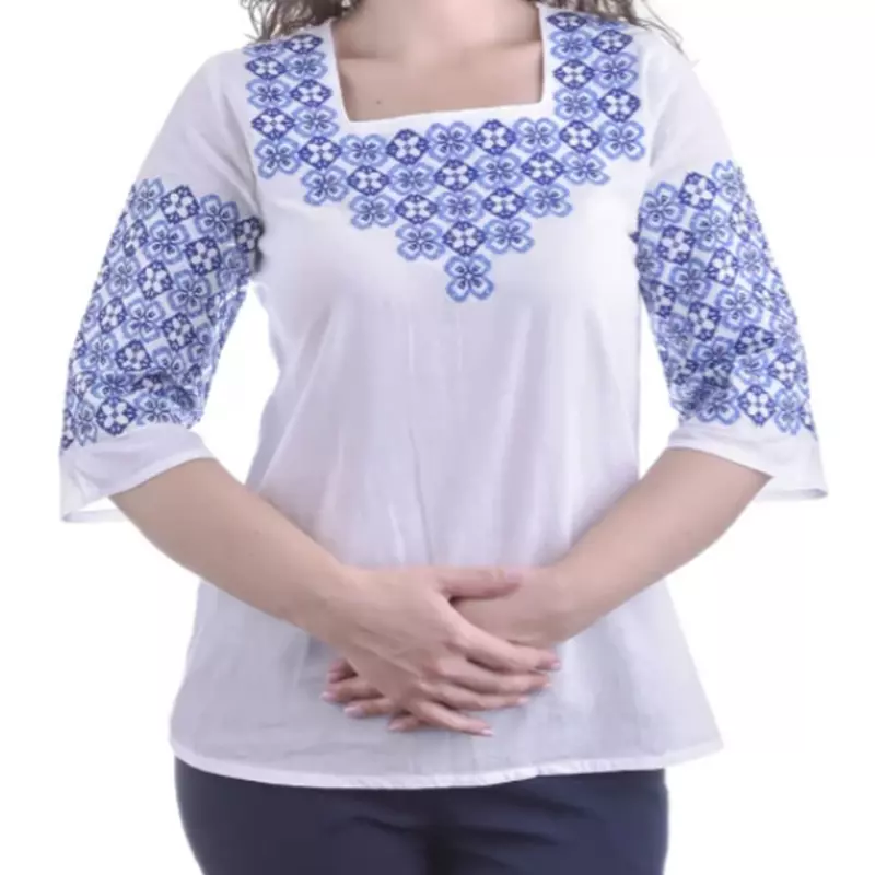 Bluza Alba cu Motiv Floral Albastru - BMG97