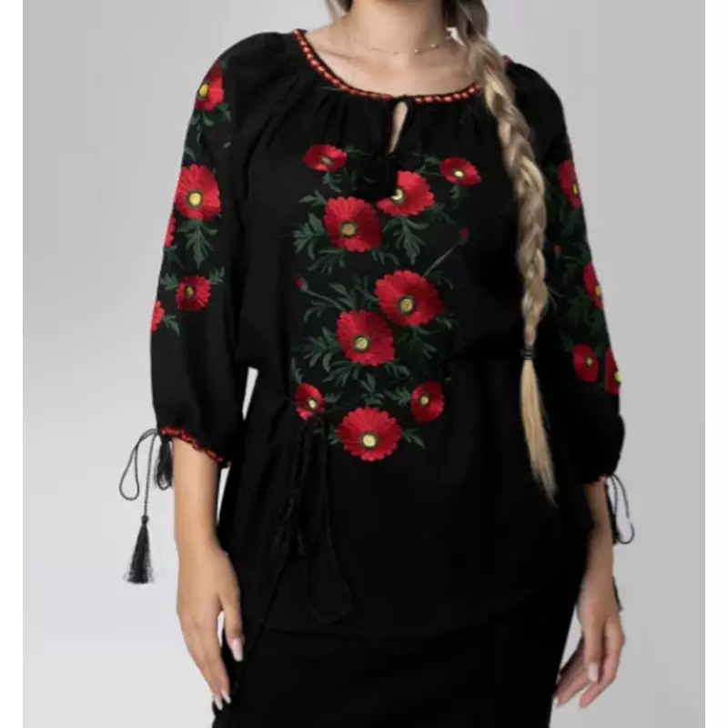 Bluza Neagra cu Motiv Floral Rosu -  BMG87