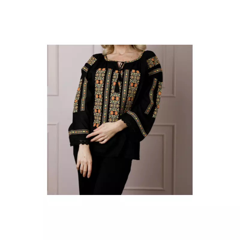 Bluza neagra cu motiv floral multicolor - BMG89