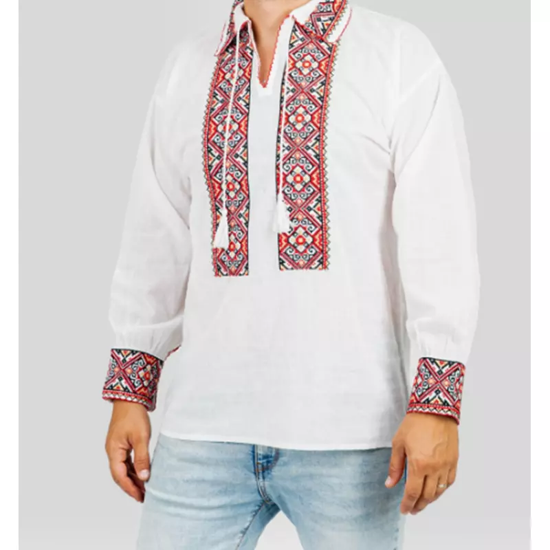 Camasa Barbateasca Traditionala Alba cu Motiv Geometric Rosu  - CTI19