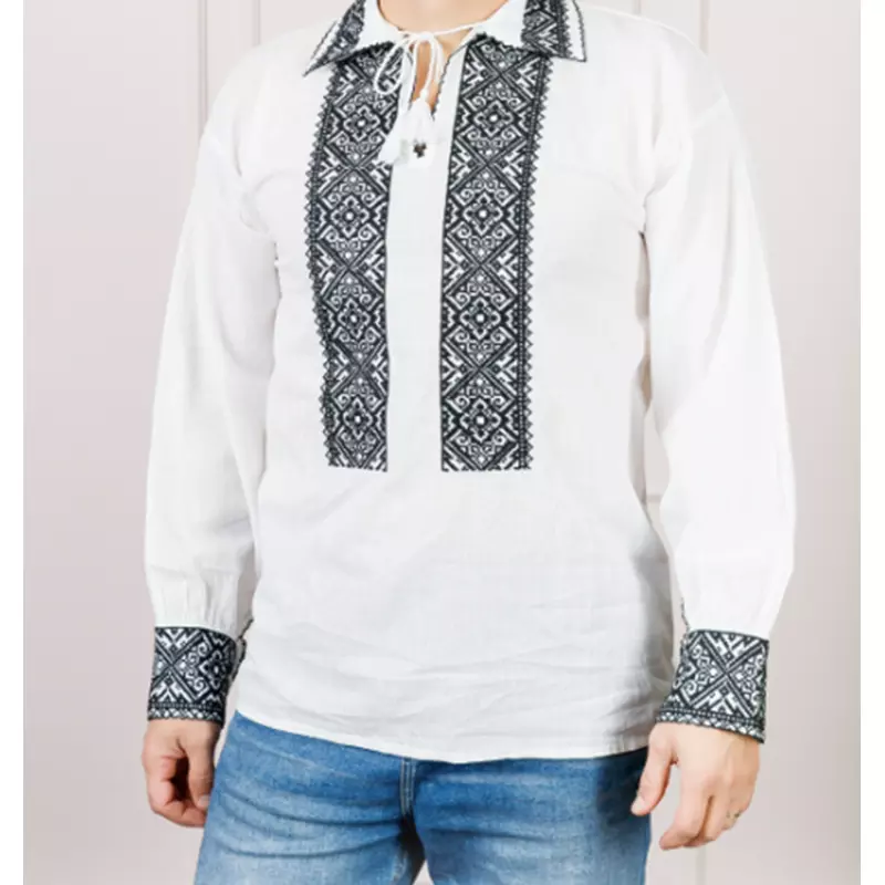 Camasa Barbateasca Traditionala Alba cu Motiv Geometric Negru - CTI23