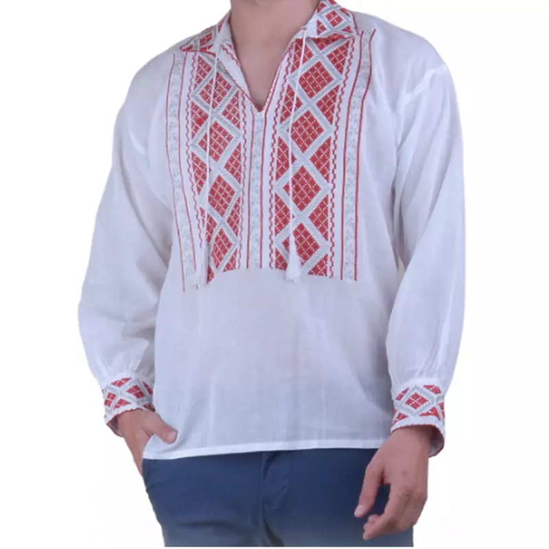 Camasa Barbateasca Traditionala Alba cu Motiv Geometric Rosu  - CTI26