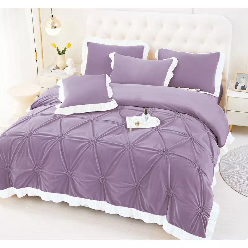 Lenjerie de Pat din Catifea, pentru Pat Dublu, 4 Piese, Lavanda cu Margine Alba -  FR141
