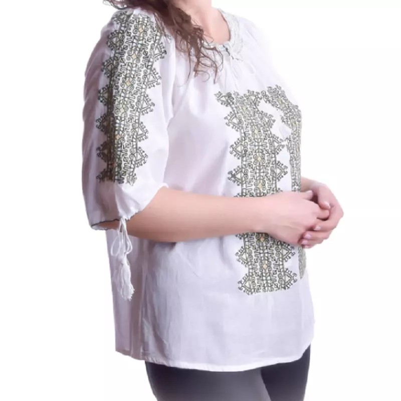 Bluza Tip Ie Traditionala Alba cu Motiv Geometric Verde de Dama - IMS73