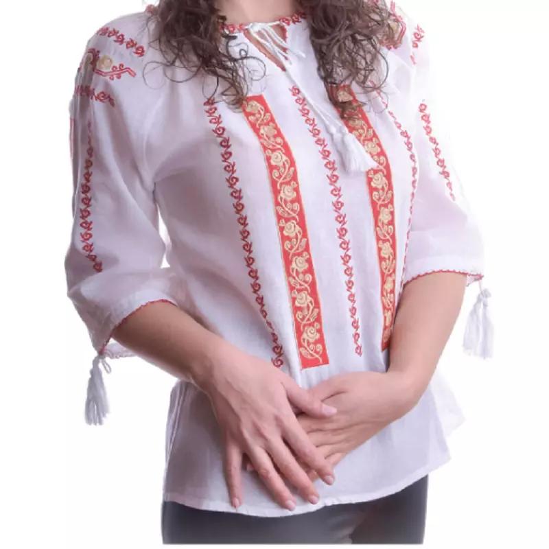 Bluza Tip Ie Traditionala Alba cu Motiv Geometric Rosu de Dama - IMS71