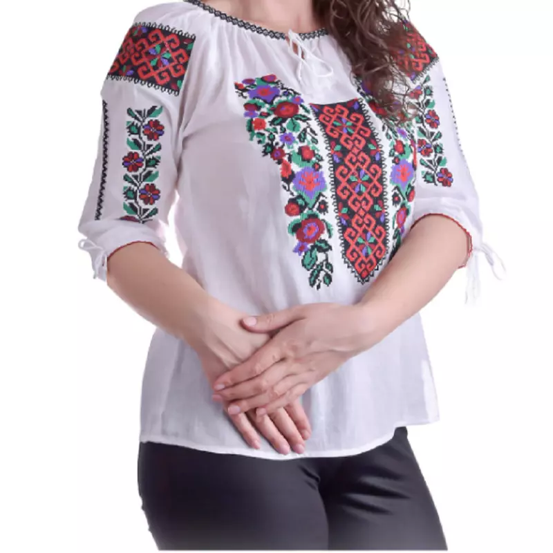 Bluza Tip Ie Traditionala Alba cu Motiv Floral Multicolor de Dama - IMS85