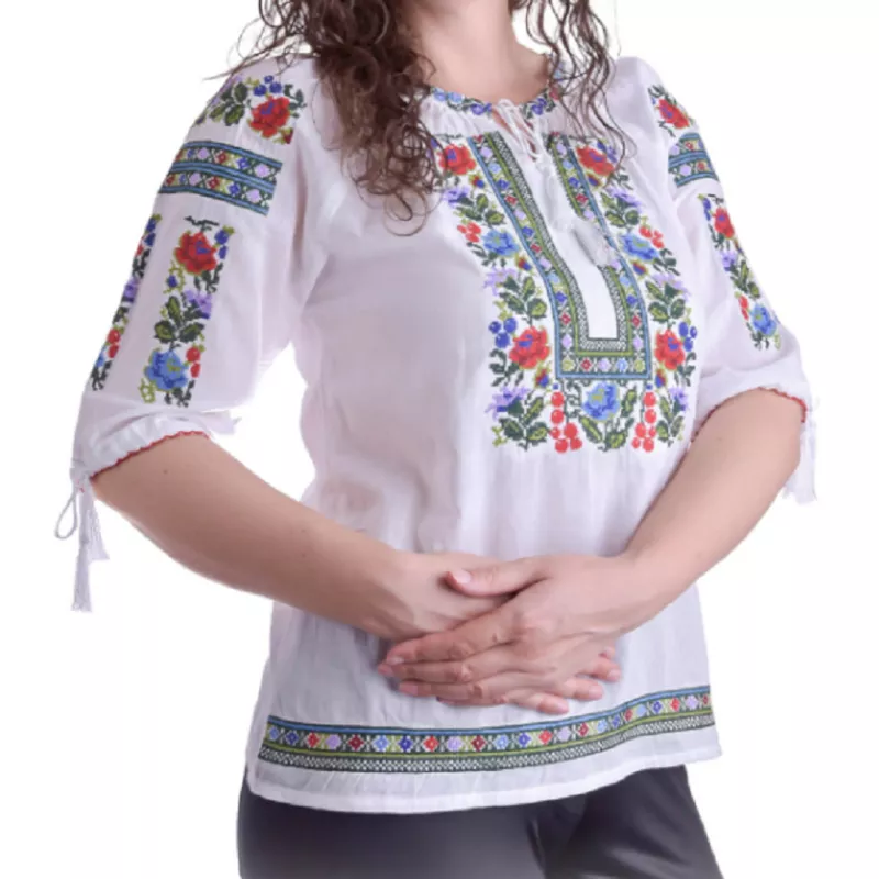 Bluza Tip Ie Traditionala Alba cu Motiv Floral Multicolor de Dama - IMS84