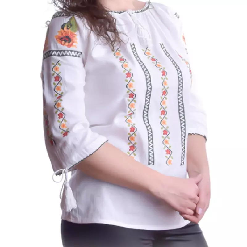Bluza Tip Ie Traditionala Alba cu Motiv Geometric Multicolor de Dama - IMS72
