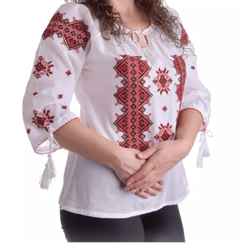 Bluza Tip Ie Traditionala Alba cu Motiv Geometric Rosu de Dama - IMS78