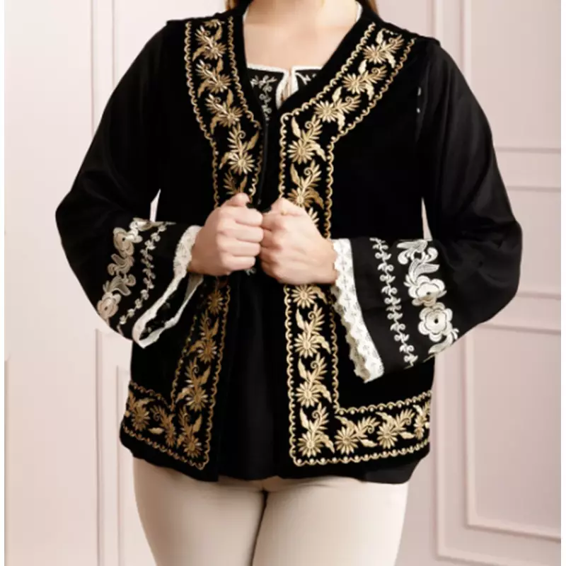 Vesta traditionala neagra cu broderie florala aurie - VT14