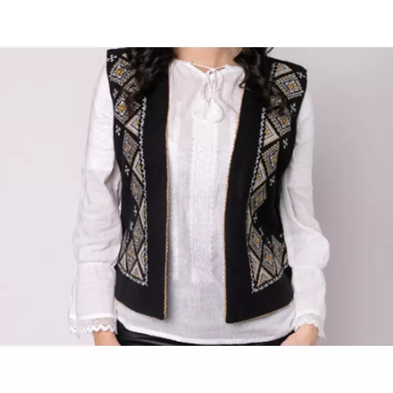 Vesta traditionala neagra cu broderie geometrica - VT15