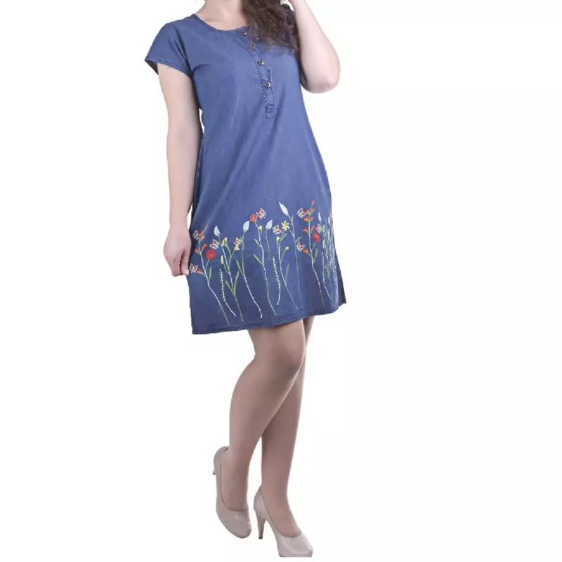 Rochie denim albastra cu motiv floral multicolor - RTM35