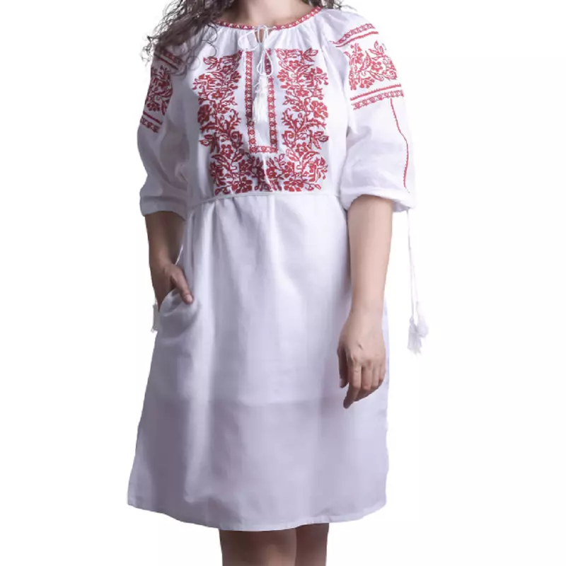 Rochie traditionala midi alba cu motiv floral rosu - RTM36