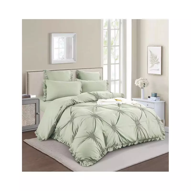 Lenjerie de Pat Finet, Pliuri Brodate cu Elastic, 6piese - SIPRT1-09, Verde Menta