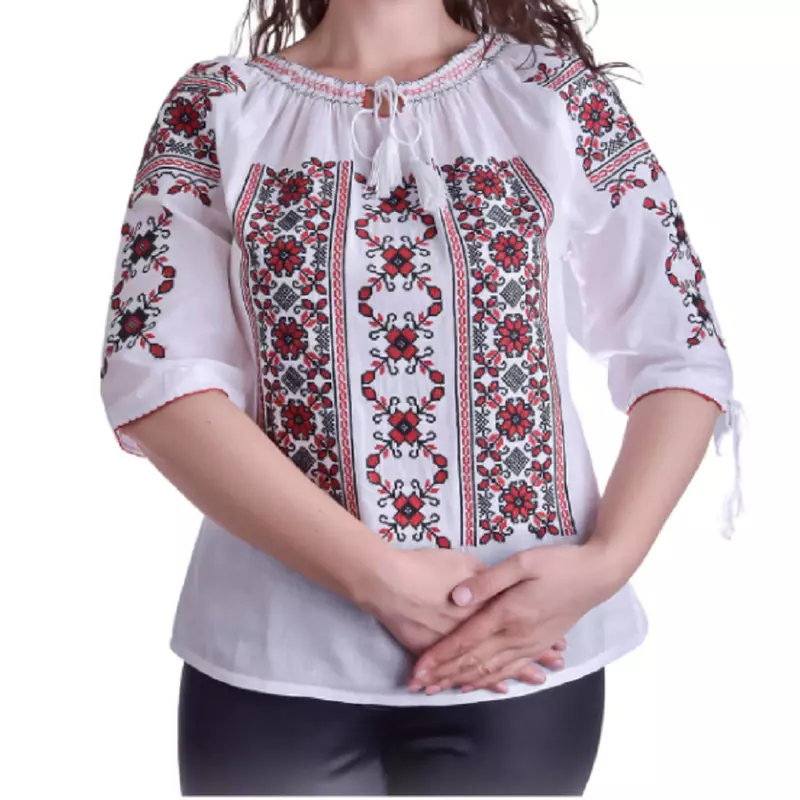 Bluza Tip Ie Traditionala Alba cu Motiv Floral Rosu de Dama - IMS86