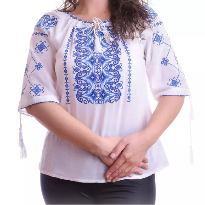 Bluza Tip Ie Traditionala Alba cu Motiv Geometric Albastru de Dama - IMS67
