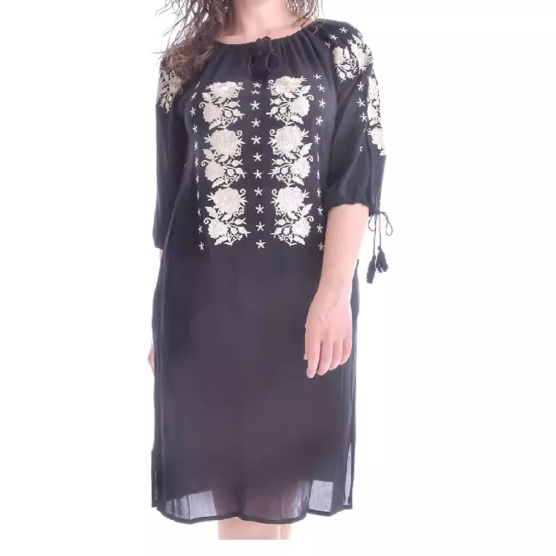 Rochie traditionala neagra cu motiv floral crem - RTM40