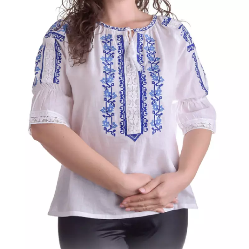 Bluza Tip Ie Traditionala Alba cu Motiv Floral Albastru de Dama - IMS87