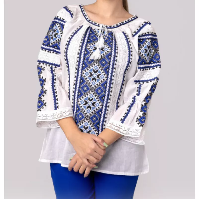 Bluza Tip Ie Traditionala Alba cu Motiv Geometric Albastru de Dama - IMS114