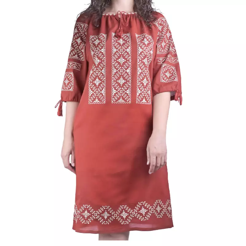 Rochie traditionala midi rosie cu motiv geometric crem - RTM51