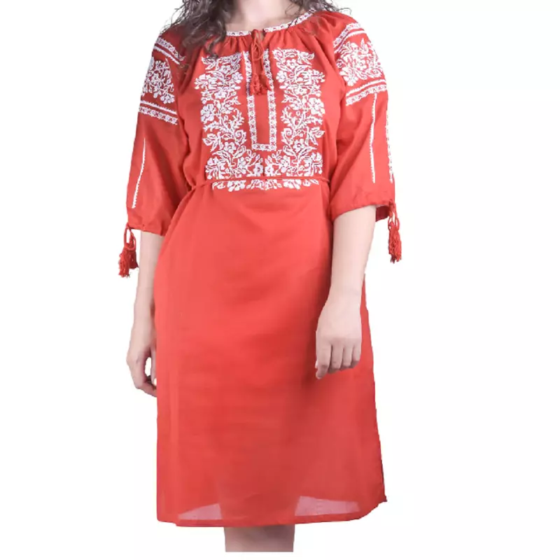 Rochie traditionala midi rosie cu motiv floral alb - RTM49