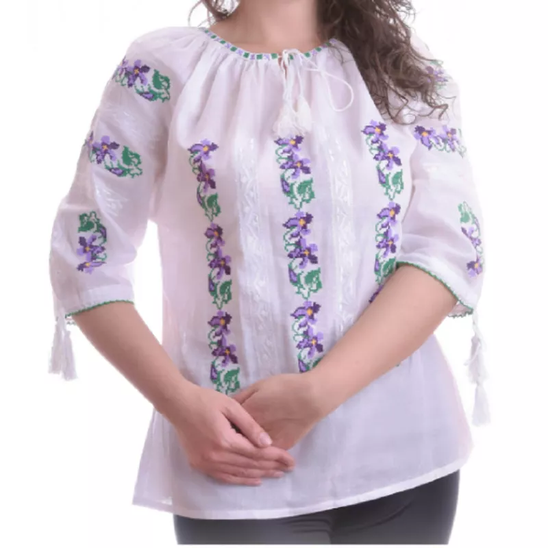 Bluza Tip Ie Traditionala Alba cu Motiv Floral Mov de Dama - IMS68