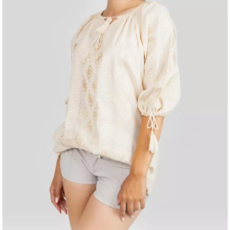 Bluza Tip Ie Traditionala Crem cu Motiv Floral Auriu de Dama - IMS65